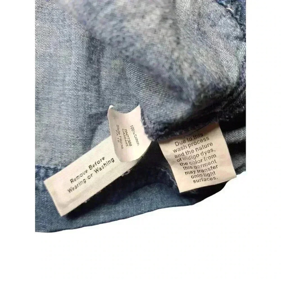 MADEWELL Denim Herald Tee Chambray Frayed Trim Blouse Blue Cotton Size L - Picture 8 of 10